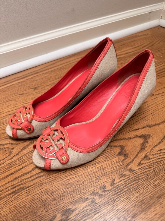 Tory Burch Shoes - Tory Burch Coral Orange/Beige Leather and Canvas Amanda Peep Toe Wedge Pumps 9.5